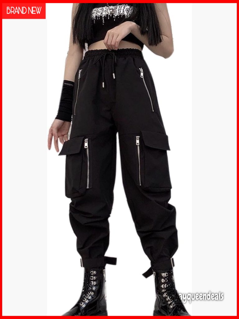 High Waisted Cargo Pants With Chains, Multi-Pocket, Loose Fit, Polyester Blend
